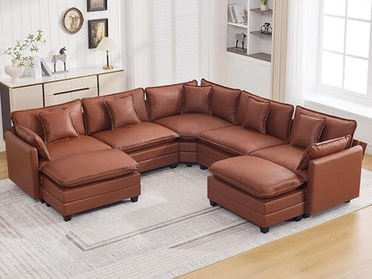 137'' V Shaped Cloud Sectional Sofa, Oversized Deep Seat Leather Couches for Living Room, Comfy Upholstered Modular Sectional Sofa Couch, Leather Brown