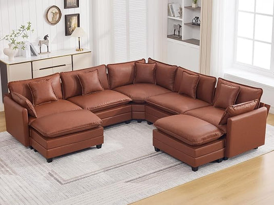 137'' V Shaped Cloud Sectional Sofa, Oversized Deep Seat Leather Couches for Living Room, Comfy Upholstered Modular Sectional Sofa Couch, Leather Brown