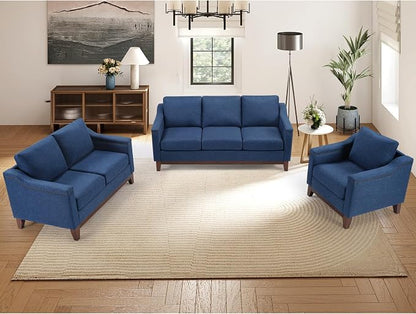 HAOMARKETS Modern 3 Piece Sofa Set with Rivets, Included Fabric Accent Chair, Loveseat 2-Seater Sofa and Upholstered 3-Seater Couches with Solid Wood Legs, Living Room Furniture Set,Blue