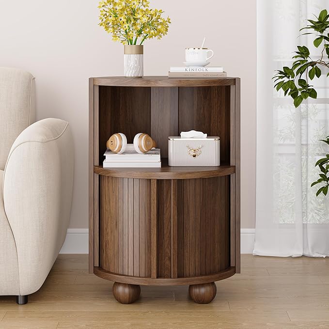 Decofy Modern Round Nightstands Set of 2 with Sliding Doors and 2 Storage Shelves, Modern Bedside End Table, Suitable for Bedroom (Walnut)