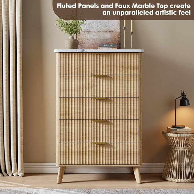 Fluted Dresser for Bedroom with 5 Deep Drawers, 47.2 in Tall Chest of Drawers with Faux Marble Top, Curved Profile Design, Modern Wooden Dresser, for Living Room, Kids Room, Hallway, Natural Oak