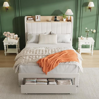 Garvee Upholstered Bed Frame Twin Size with Storage Headboard and Charging Station, Platform Bed Frame with Drawers, Heavy Duty, No Box Spring Needed, Easy Assembly, Beige