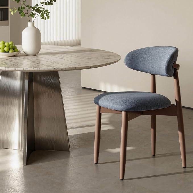 COLAMY Mid-Century Modern Wooden Dining Chair Set of 6, Indoor Upholstered Kitchen Chairs with 2.6" Cozy Padded Seat, Walnut Finish Side Dining Chair, [Blue]