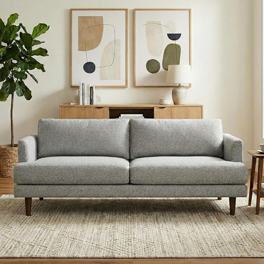 SIMPLIHOME Livingston 76" Wide x 33" High Sofa in Mist Grey Woven-Blend Fabric, Handcrafted Loveseat Couch for Living Room or Family Room, Mid-Century Modern Style, Solid Wood Frame