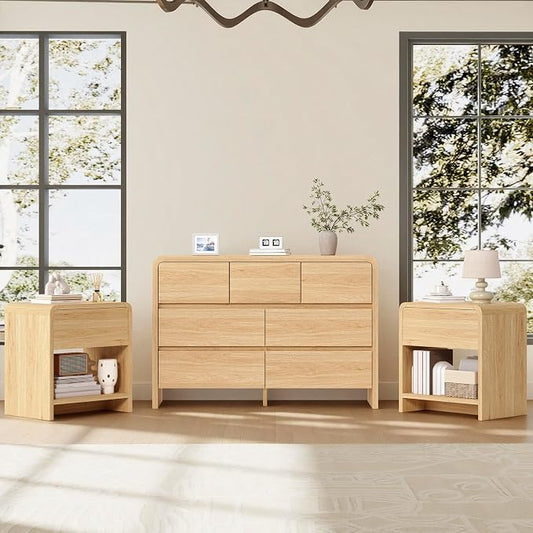 AMERLIFE Modern 3-Piece Bedroom Furniture Set with 7-Drawer Dresser and 2 Nightstands, Large Storage Capacity, Rounded Corners, Flexible Combination Design, Anti-Tip Kit Included, Light Oak