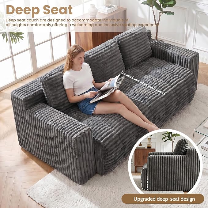 70” Boneless Couch, 3 Seater Sofa Couch with Extra Deep Seats 3 Pillows,Corduroy Modern Small Couch for Living Room, Office, Bedroom, Apartment,Grey