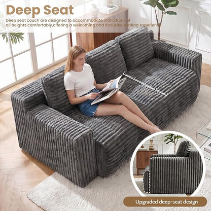 70” Boneless Couch, 3 Seater Sofa Couch with Extra Deep Seats 3 Pillows,Corduroy Modern Small Couch for Living Room, Office, Bedroom, Apartment,Grey
