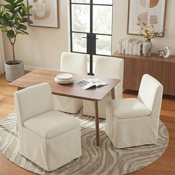 KISLOT Upholstered Dining Chairs Set of 4 with Casters, Modern Armless Kitchen Chairs with Removable Washable Cover, Chenille Velvet Fabric, Sturdy Metal & Wood Frame, 19.5" Seat Height, Linen