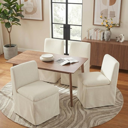 KISLOT Upholstered Dining Chairs Set of 4 with Casters, Modern Armless Kitchen Chairs with Removable Washable Cover, Chenille Velvet Fabric, Sturdy Metal & Wood Frame, 19.5" Seat Height, Linen