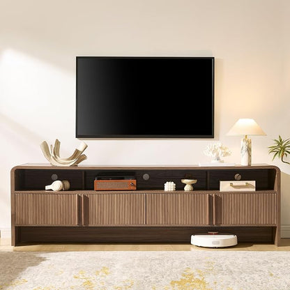 AMERLIFE 70" Fluted Wood TV Stand for TVs up to 80", Media Console Entertainment Center with Storage Cabinets for Living Room, Brown