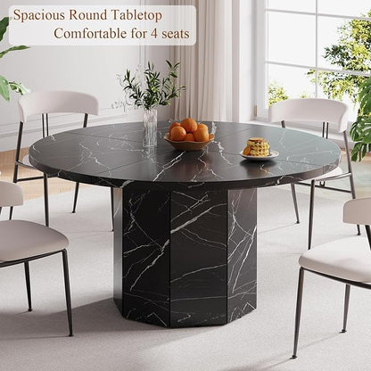 HSH Round Dining Table for 4-6 People, 47” Black Faux Marble Kitchen Table only, Modern Wooden Dinner Table for Living Dining Room with Octagon Base, Black Faux Marble, 47 Inch