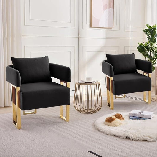 YISHENG Modern Barrel Accent Chairs Set of 2, Living Room Side Chairs with Golden Metal Legs Velvet Upholstered Reading Armchairs no Wheels for Vanity/Reception Room//Bedroom/Lounge/Office, Black