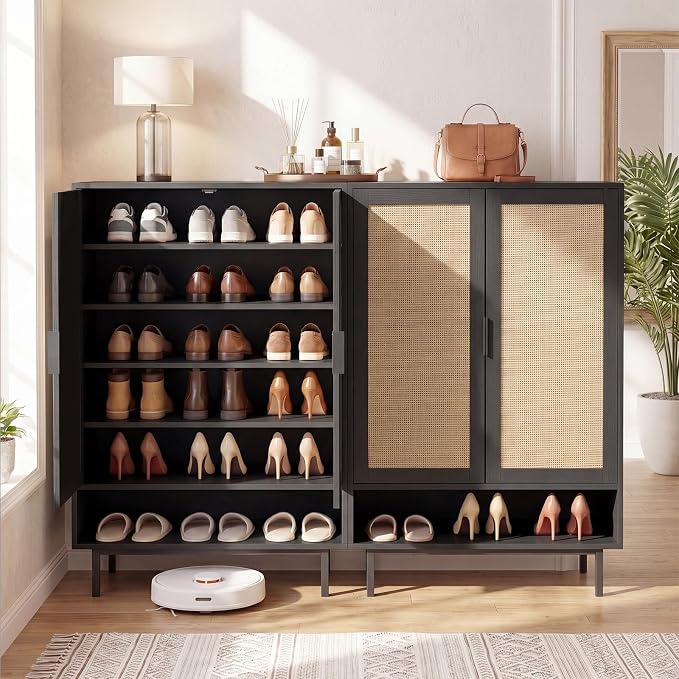 LOKO Shoe Storage Cabinet with 2 Doors, 6-Tier Rattan Shoe Organizer with Adjustable Shelves & Open Compartment, Freestanding Hidden Shoe Cabinet for Entryway, Closet & Living Room (Black)