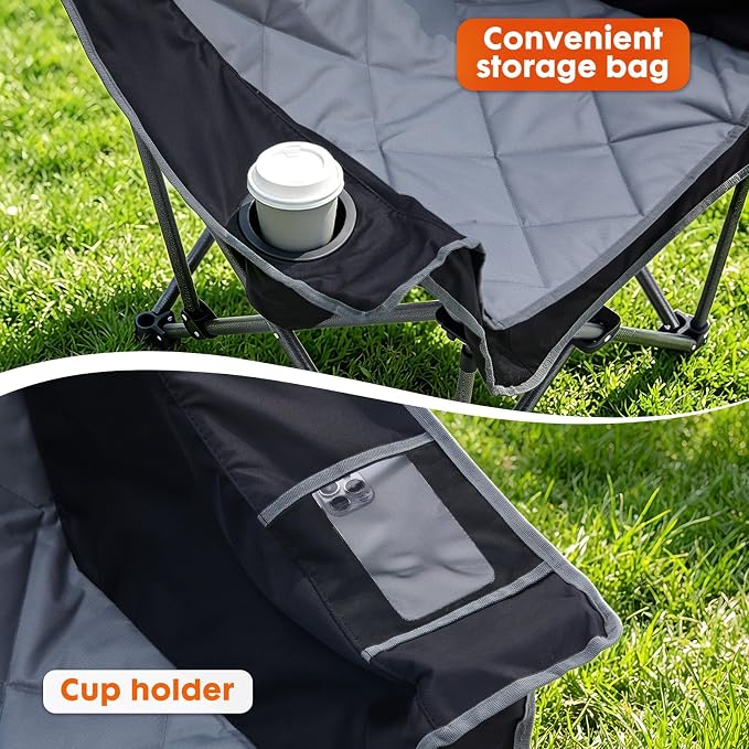 EMERIT Oversized Padded Camping Chairs, Heavy Duty 450 LBS Capacity Outdoor Folding Quad Chair with Cup Holder, Portable for Camping, Tailgating, Sports, Backyard & Patio, Black