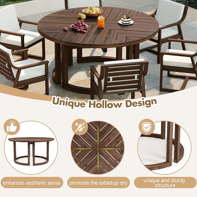Quarte 7-Piece Patio Dining Table Set, Round Dining Table with 1.96" Umbrella Hole, Outdoor Wooden Patio Furniture Set for Garden, Backyard and Pools (Mocha-7)