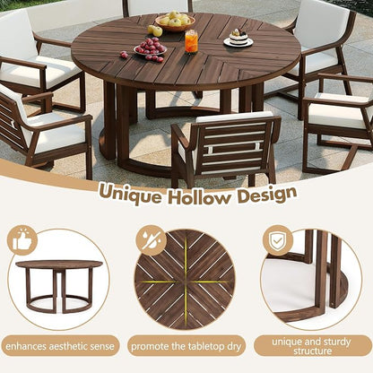 Quarte 7-Piece Patio Dining Table Set, Round Dining Table with 1.96" Umbrella Hole, Outdoor Wooden Patio Furniture Set for Garden, Backyard and Pools (Mocha-7)