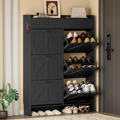 BORNOON Shoe Cabinet for Entryway, Farmhouse Shoe Storage Cabinet with 6 Flip Drawers and 2 Top Drawers, Tall Narrow Shoe Organizer Cabinet with Adjustable Shelves, Side Hooks and Anti-Tip Kit