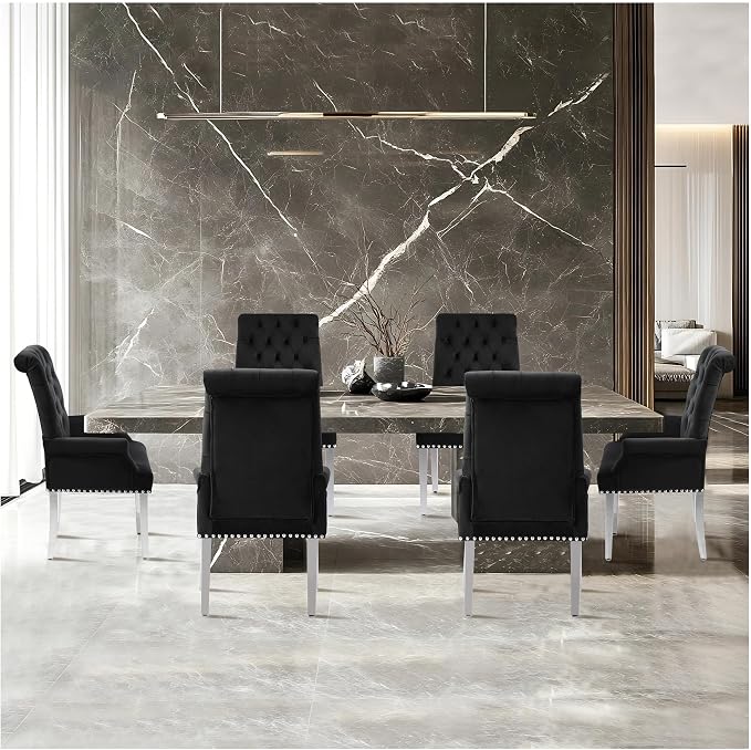 AODCHR Velvet Dining Chairs with Arms, Upholstered Accent Dining Room Chair, Tufted Kitchen Arm Chair with Stainless Steel Leg, Black