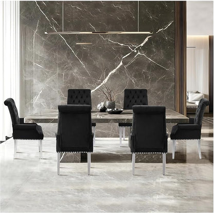 AODCHR Velvet Dining Chairs with Arms, Upholstered Accent Dining Room Chair, Tufted Kitchen Arm Chair with Stainless Steel Leg, Black