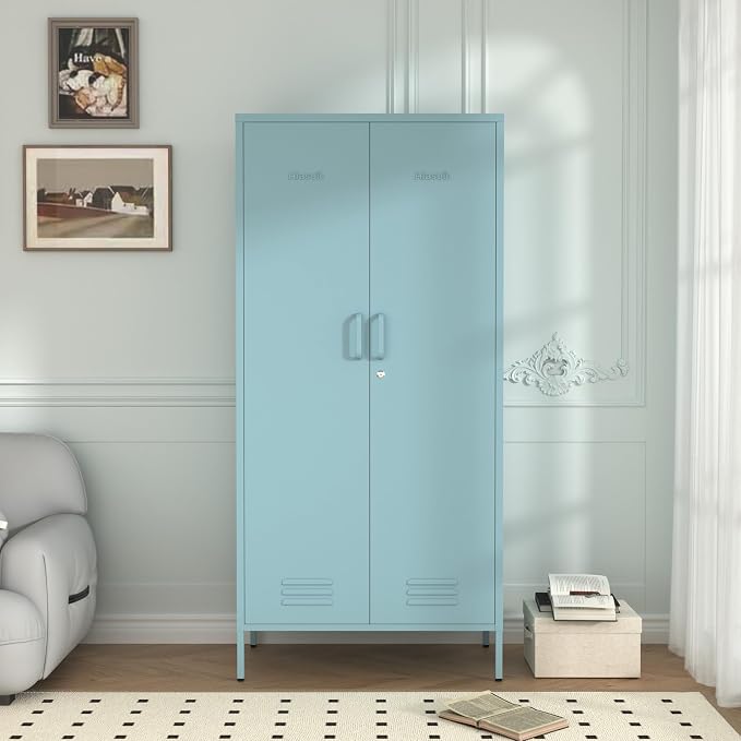 Industrial 67" Blue Lockable Metal 2-Door Storage Cabinet, Multi-Purpose Wardrobe with Hanging Rod & Adjustable Shelves, Heavy Duty for Bedroom, Garage, Home Office 67" H X 31.5" W X 18.1" D