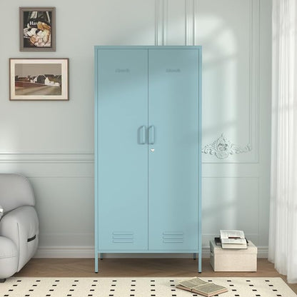 Industrial 67" Blue Lockable Metal 2-Door Storage Cabinet, Multi-Purpose Wardrobe with Hanging Rod & Adjustable Shelves, Heavy Duty for Bedroom, Garage, Home Office 67" H X 31.5" W X 18.1" D