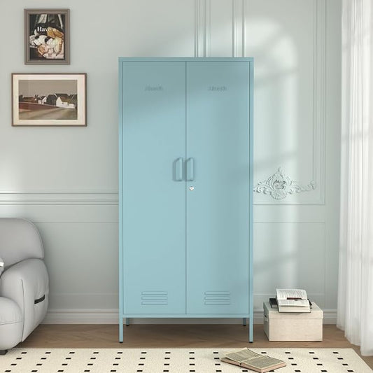 Industrial 67" Blue Lockable Metal 2-Door Storage Cabinet, Multi-Purpose Wardrobe with Hanging Rod & Adjustable Shelves, Heavy Duty for Bedroom, Garage, Home Office 67" H X 31.5" W X 18.1" D