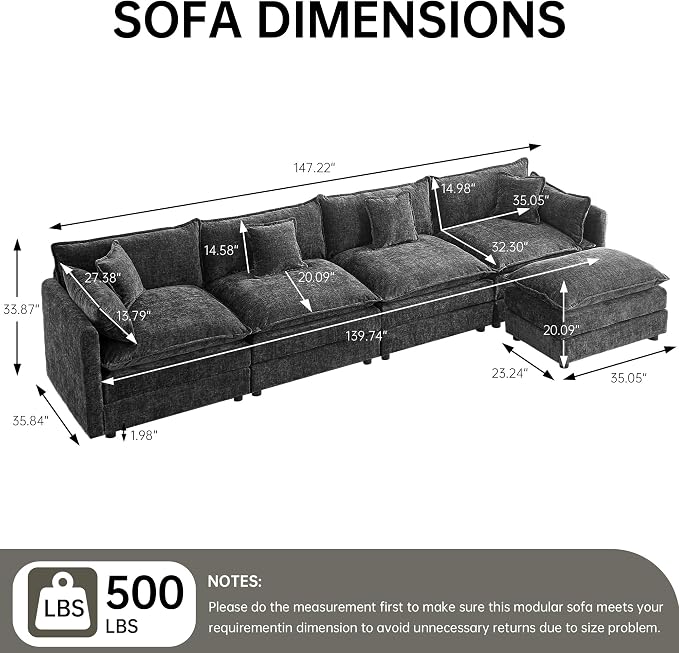 Modular Sectional Sofa, 147.2 Inch L Shaped Couch Set with Armrests, 4-Seater Comfy Cloud Couches with Movable Ottoman for Living Room Apartment, Grey