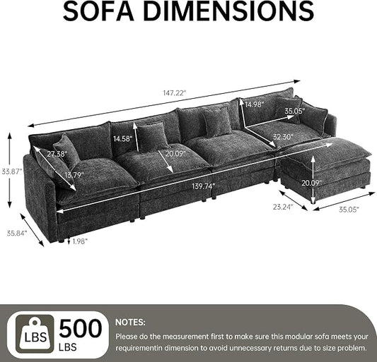 Modular Sectional Sofa, 147.2 Inch L Shaped Couch Set with Armrests, 4-Seater Comfy Cloud Couches with Movable Ottoman for Living Room Apartment, Grey