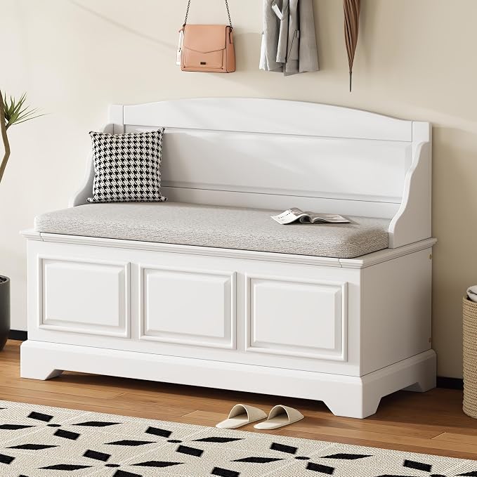 Knocbel Rustic Entry Storage Bench with Hidden Compartments and Removable Cushion, Wooden Entryway Hallway Foyer Shoe Bench Bedroom End of Bed Bench (White)