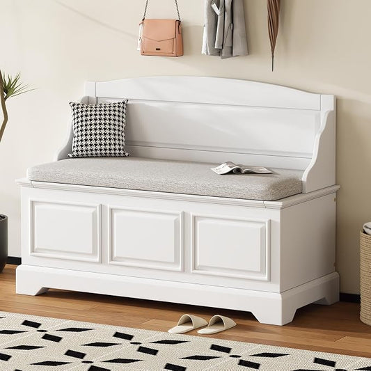 Knocbel Rustic Entry Storage Bench with Hidden Compartments and Removable Cushion, Wooden Entryway Hallway Foyer Shoe Bench Bedroom End of Bed Bench (White)