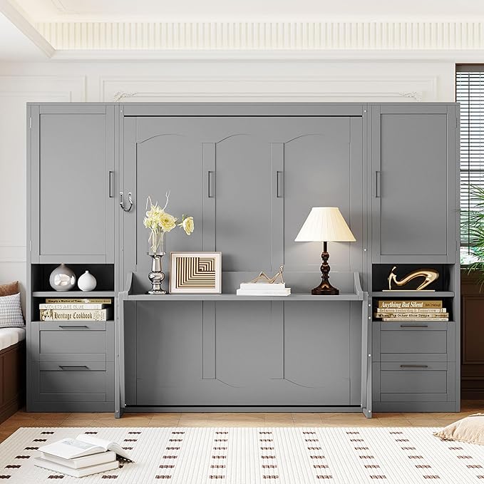 Merax Queen Size Murphy Bed with Desk, Space-Saving Wall Bed Frame with Closet, Drawers and Shelves, Foldable Platform Bed for Small Spaces Studio Study Office Guest Room, Gray