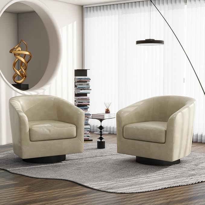Swivel Barrel Accent Chair, Modern Round Faux Leather Arm Chair for Living Room, Bedroom, Comfy Club Reading Chairs for Adults(Faux Leather, Cream, Set of 1)