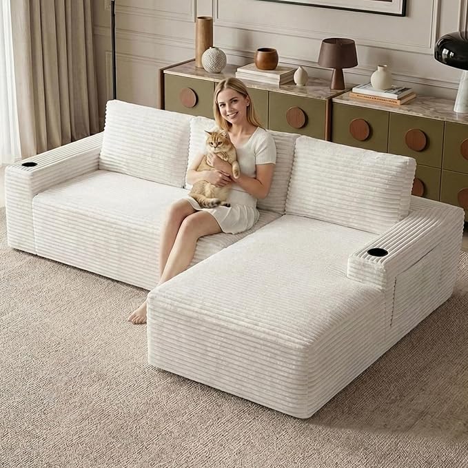 104.3" Modular Sectional Sofa,Modern Corduroy Cloud Couch with Cup Holder & Side Pockets,Boneless Couch Upholstered 4-Seater L-Shaped Sofa for Living Room,No Assembly (White, Right-Facing Chaise) | with Cup Holder