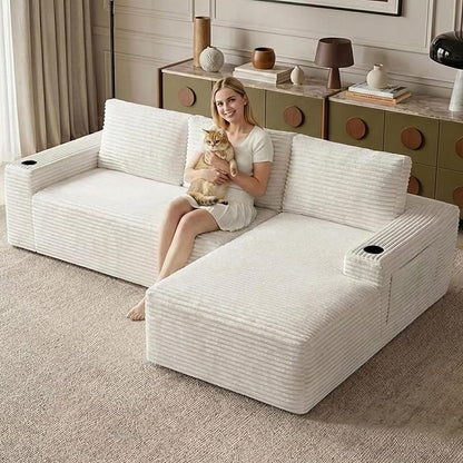 104.3" Modular Sectional Sofa,Modern Corduroy Cloud Couch with Cup Holder & Side Pockets,Boneless Couch Upholstered 4-Seater L-Shaped Sofa for Living Room,No Assembly (White, Right-Facing Chaise) | with Cup Holder