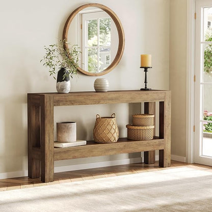 LITTLE TREE 63-Inch Entryway Console Table, Long Farmhouse Narrow Sofa Table for Living Room, Hallway, Entry, Entrance, Foyer, Behind Couch with 2-Tier Shelves, Rustic Brown