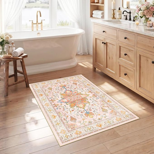 RELEANY Area Rugs Small 2'6"x4' Washable Non-Slip, Floral Vintage Distress Medallion Carpet for Kitchen Entryway Bathroom, Light Pink Colorful