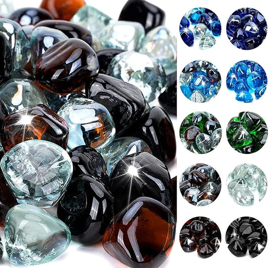 onlyfire 10-Pounds Fire Glass Diamonds for Propane Fire Pit, 1 Inch Blended Firepit Glass Rocks Stones for Gas Fireplace and Fire Pit Table, Onyx Black, Crystal Ice and Amber