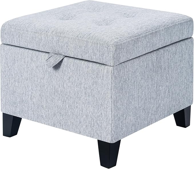 Adeco 18-inch Linen Storage Ottoman for Living Room & Bedroom, Upholstered Footrest Stool and Extra Seat with Safety Hinge Lid, Solid Wood Legs, Ice Grey