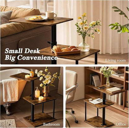 Faesun 360° Swivel Side Table for Height Adjustable, C Shaped End Table for Couch with Storage, 3-Tier Night Stand with Open Shelf, Tv Tray for Small Spaces, Living Room, Bedroom, Rustic Brown