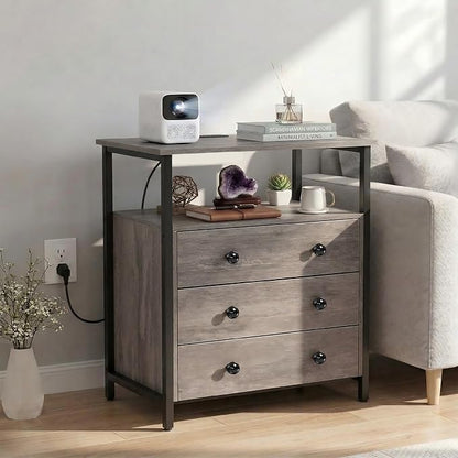 Edbuosy 3 Wooden Drawers Night Stand, 27 Inch Wide Nightstand Set 2 with Charging Station and Adjustable Drawers, Small Dresser for Closet, Bedside Table for Living Room/Bedroom/Office, Rustic Gray