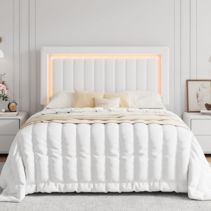 SHA CERLIN Full Size Velvet Bed Frame with LED Light, Adjustable Vertical Channel Tufted Headboard, Strong Wooden Slats Support, Noise-Free, No Box Spring Needed, White