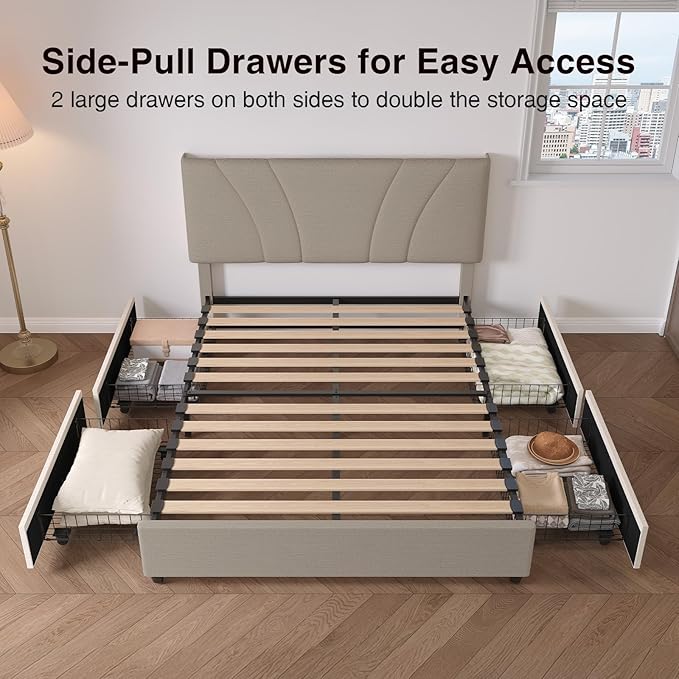 Novilla Full Size Bed Frame, Full Size Bed Frame with Headboard, Full Size Bed Frame with Storage Drawers, Full LED Bed Frame, Charging Station and Adjustable Headboard, No Box Spring Needed, Beige