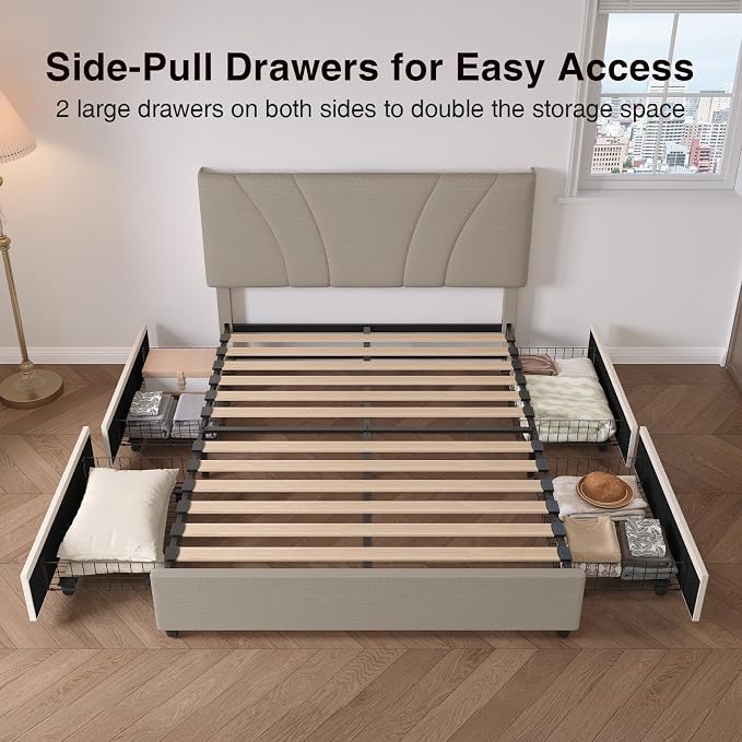 Novilla King Bed Frame, King Bed Frame and Headboard, King Size Bed Frame with Drawers, King Bed Frame with LED Lights, Charging Station and Adjustable Headboard, No Box Spring Needed, Beige