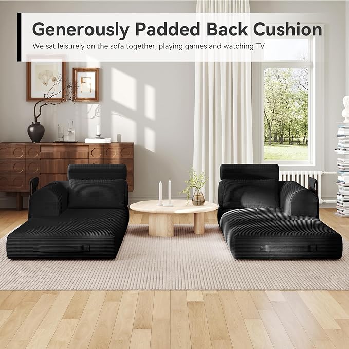 Upgrade High Backrest Design Sofa Bed with Fixed-Shape Frame & Removable Armrests and Backrest, Corduroy Fabric, Convertible Mattress Couch for Small Spaces - No Assembly Needed (Black)