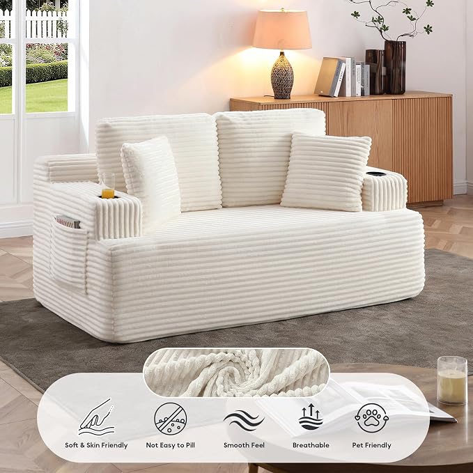 66.5'' Boneless Sofa Couch with Cup Holders & Side Pockets, Modern Corduroy Fabric Upholstered Loveseat Couch with 2 Throw Pillows for Living Room Office, No Assembly (Beige)