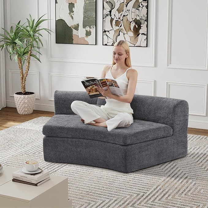 AVZEAR Curved Modular Sectional Sofa, Chenille Upholstered Cloud 1 Seater Couch for Living Room, No Assembly Modern Love Seat Sofa with 1 Bolster Pillows & 1 Square Pillows, High-Density Foam, Gray