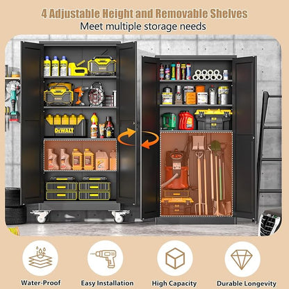 71" H Metal Pantry Storage Cabinet with Wheels,Rolling Kitchen Pantry Cabinet with 2 Doors and 4 Adjustable Shelves, Locker Steel Pantry,Organization Pantry for Garage,Home,Gym,School,Black