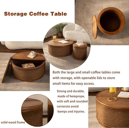 Round Rattan Coffee Table Set of 2 with Lift-Off Lid Storage, Boho-Chic End Table with Hand-Woven Hemp Rope Trim for Living Rooms, Compact Spaces
