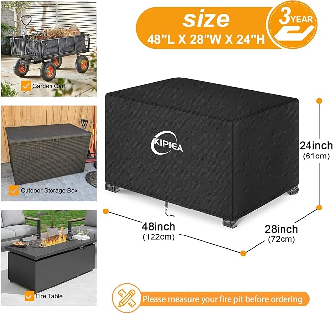 Kipiea Rectangular Fire Pit Cover 48x28 inch – Upgraded 600D Heavy Duty, 100% Waterproof, UV & Tear Resistant, Propane Fire Table Cover, Black