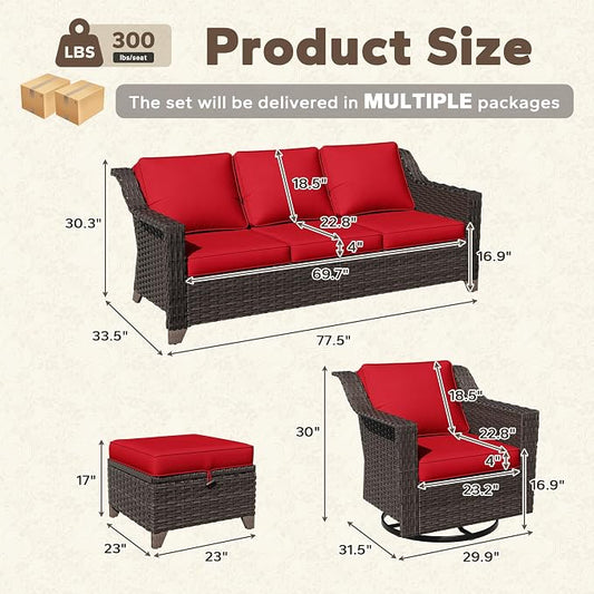 6 Pieces Patio Conversation Furniture Set - 2 Sofas, 2 Swivel Chairs, 2 Ottomans, Outdoor Wicker Furniture with Removable Cushions for Porch, Balcony, Sunroom (Red)